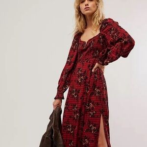 Free People Jaymes Midi Dress in Burgundy Combo Size Small